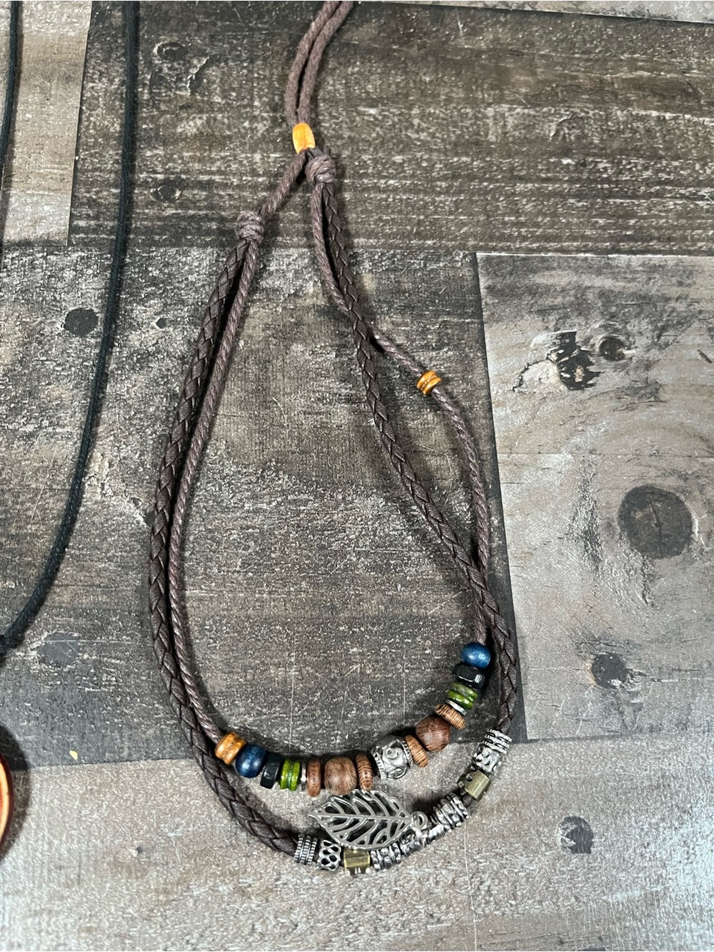 Set of 3 Boho Style Necklaces Peace Sign, Purple Crystal & 2 Tier Beaded Leaf - Picture 3 of 6